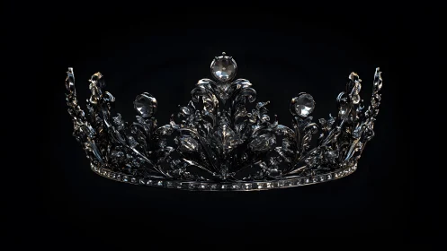 Ornate dark crystal crown with intricate floral motifs, dramatic lighting.