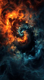 Fractal spiral depicts interlocking orange and blue energy flows