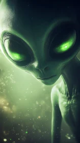 Close-up extraterrestrial portrait with luminous green ocular reflections