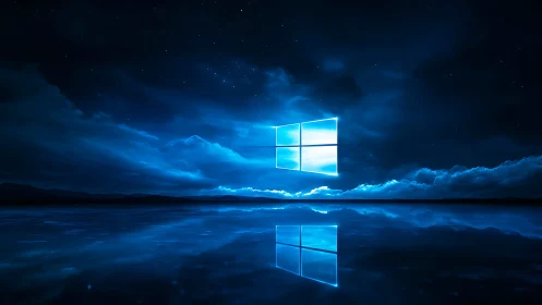 Glowing window symbol floats over calm blue night water
