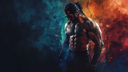 Tattooed muscular male figure with dual color smoke backdrop.