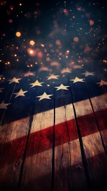 Rustic American flag on wood with glowing bokeh sparks.
