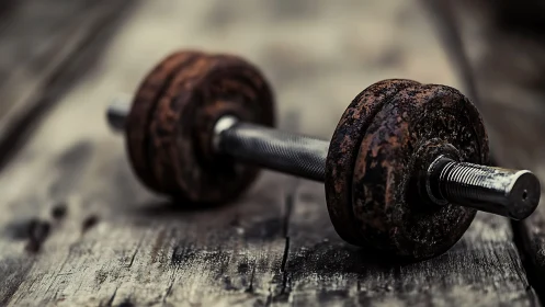 Rusty metal dumbbell rests on worn wooden plank surface