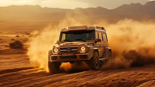 Desert storm cruiser hammers sand while sunset dust explodes