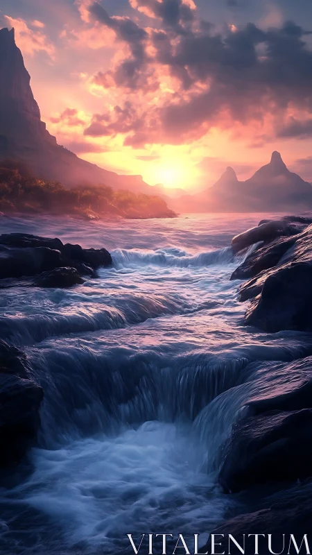 Digital painting of tiered river cascade at luminous sunset.