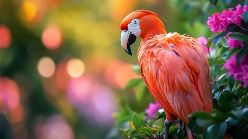 Vibrant Scarlet Macaw Among Pink Flowers in Soft Bokeh Style.