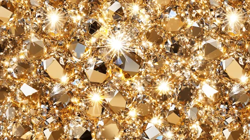 Dense macro field of faceted golden gemstones under intense specular glare