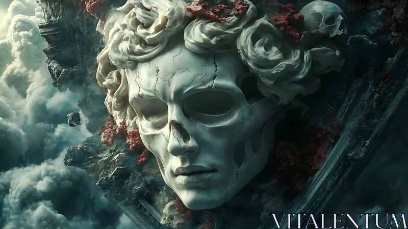 Baroque skeletal stone mask dissolves into storm-torn clouds