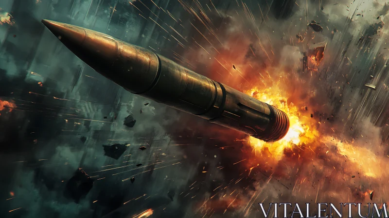 Fiery missile streak through stormy sky in vivid motion.