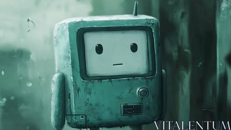 Melancholic teal robot stands in misty urban alleyway.