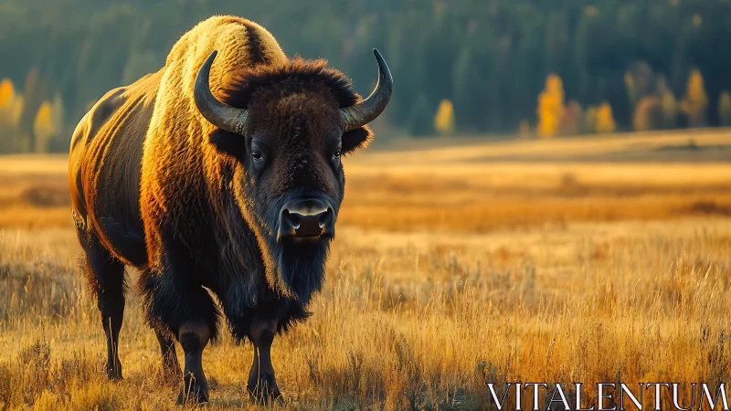 Golden-hour bison strolling through quiet autumn prairie.