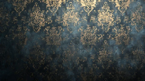 Gilded damask whispers across dusky blue vintage walls.