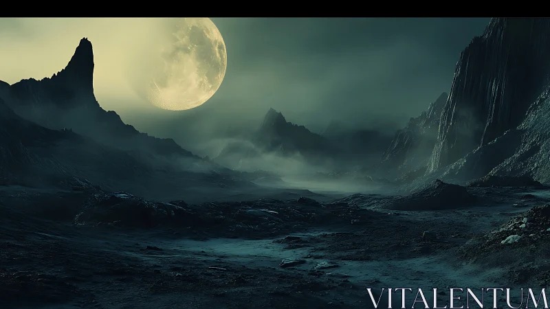 Midnight moonrise over misty alien valley of stone.