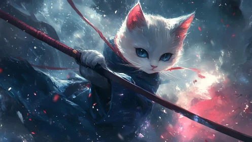 White cat warrior holding sword in stormy fantasy scene.