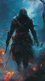 Hooded rogue strides through burning forest in cold fog