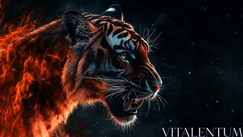 Profile view shows digital tiger head rendered with flames