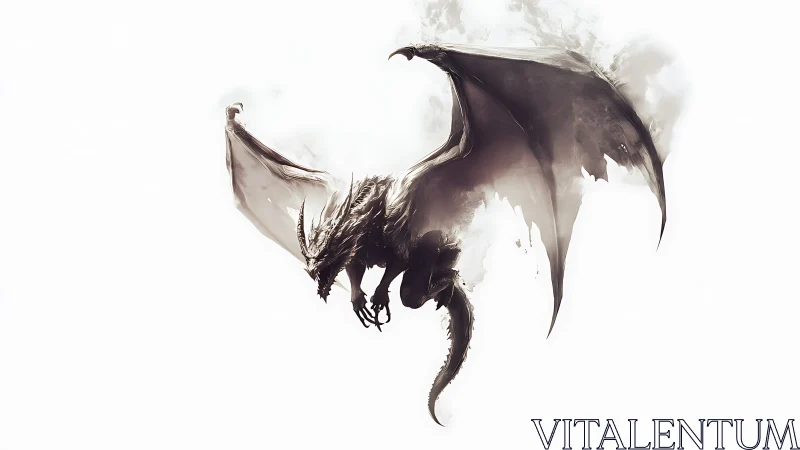 Dark winged dragon emerging from mist on white field.