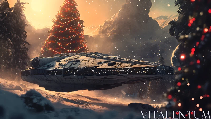Spaceship hovering in snowy forest with lit Christmas tree.