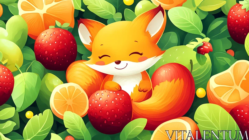 Smiling fox curls among lush citrus and berries in sunshine.