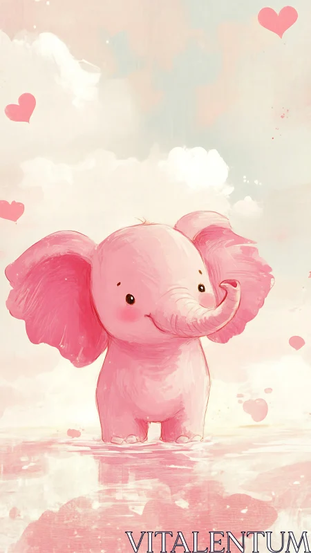 Cute pink baby elephant in soft pastel heart backdrop.
