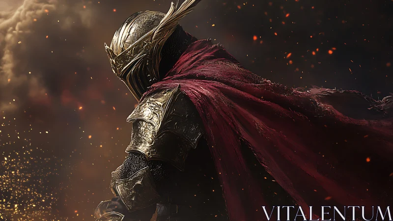 Ember crowned knight in tattered crimson stormlight armor.