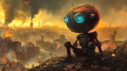 Giant childlike robot watches burning postwar cityscape.