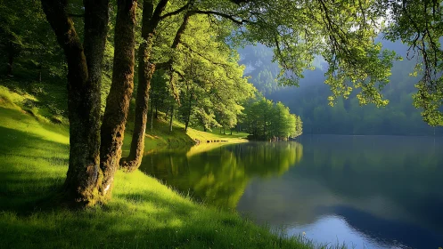 Sunlit lakeside trees lean softly into mirrored morning calm