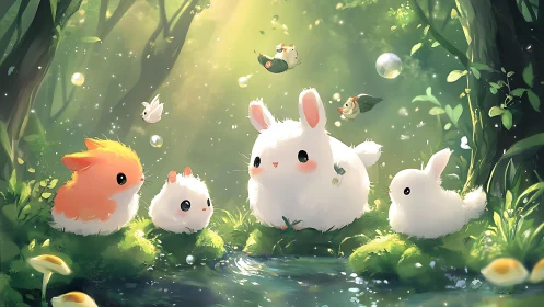 Fluffy forest creatures gather in a dreamy sunlit glade.