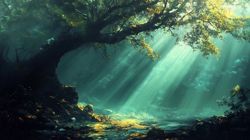 Mystical Forest Cavern with Celestial Light Rays