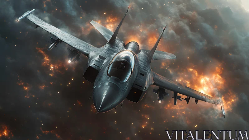 Military jet fighter moves through dense clouds and fire