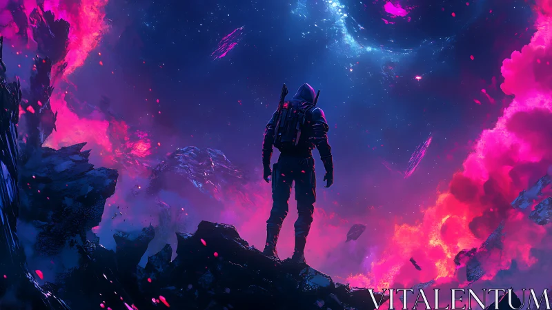 Solitary astronaut on neon lit alien cliffside horizon.