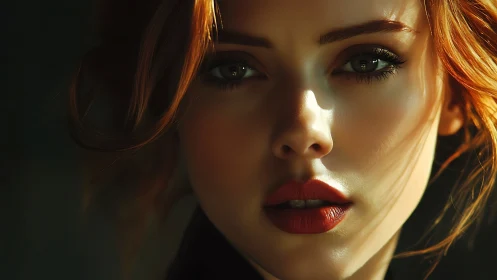 Close-up digital portrait of red-haired woman in shadowed light.