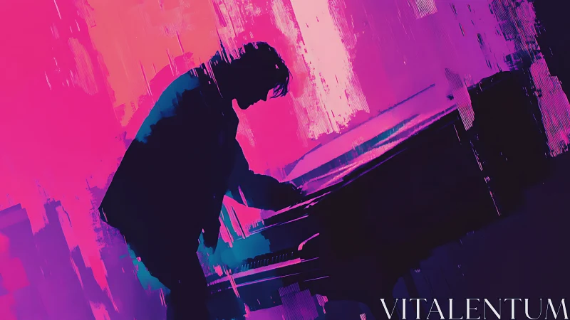 Silhouetted pianist leans into glowing neon pink and purple light