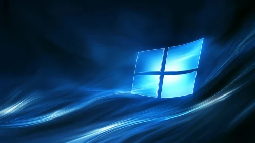 Glowing window logo over flowing electric blue waves.