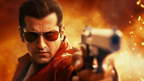 Photorealistic action close-up with gun and explosive bokeh background.