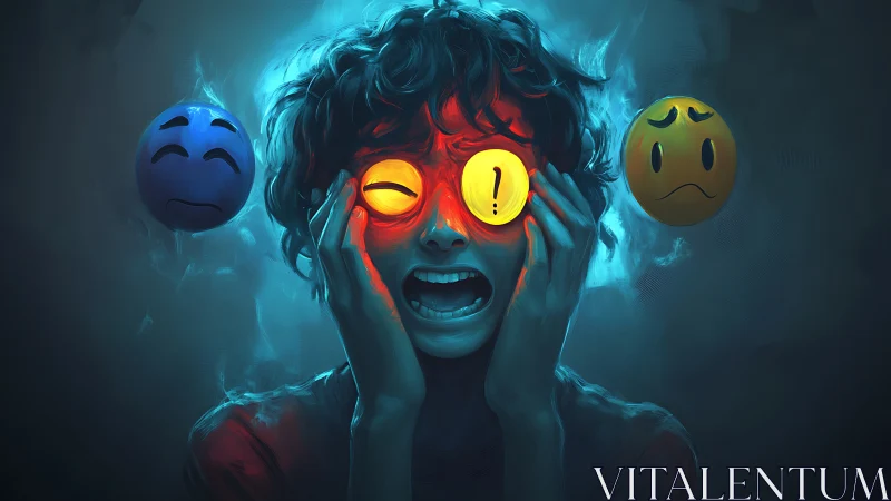 Human figure with emoji eyes and surrounding emoticons.