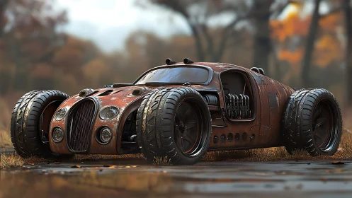 Rust-patinated widebody hot rod with exposed engine and drag tyres