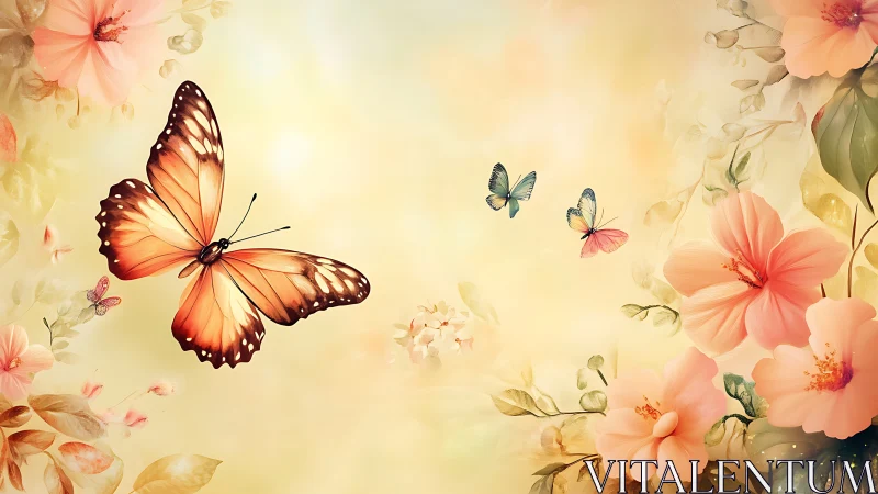 Gentle butterflies drift through soft blossoms in glowing light