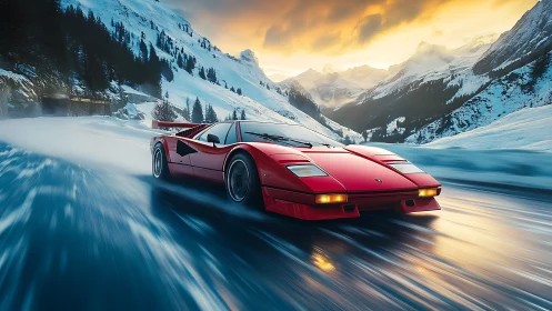 Red sports car on icy mountain road at winter sunset.