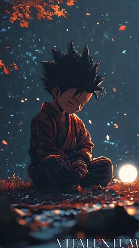 Young robed monk meditates beside luminous orb in bokeh night