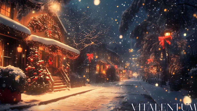 Snowlit Christmas lane hums softly with golden window fire