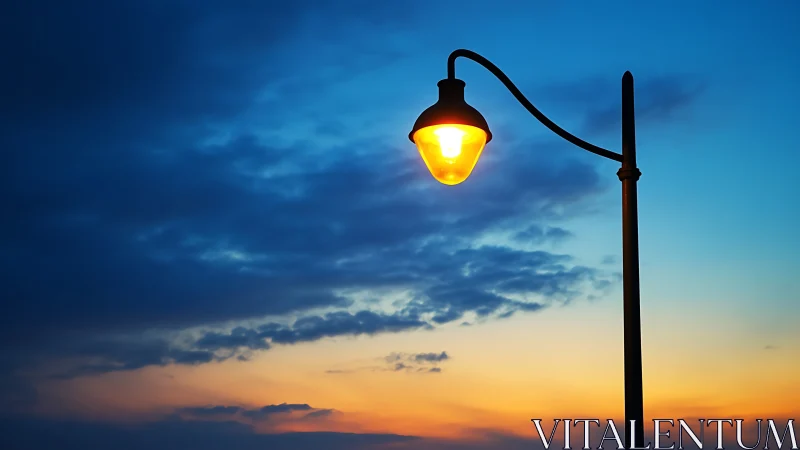 Streetlamp glow against vivid blue and amber sunset sky.