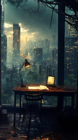 Stormlit studio overlooking neon-soaked futuristic skyline.