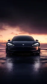 Electric dusk drive with a sleek midnight Tesla coupe.