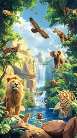 Lush canyon wildlife tableau with waterfall and big cats.