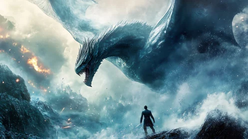 Human figure facing large dragon in stormy fantasy landscape.