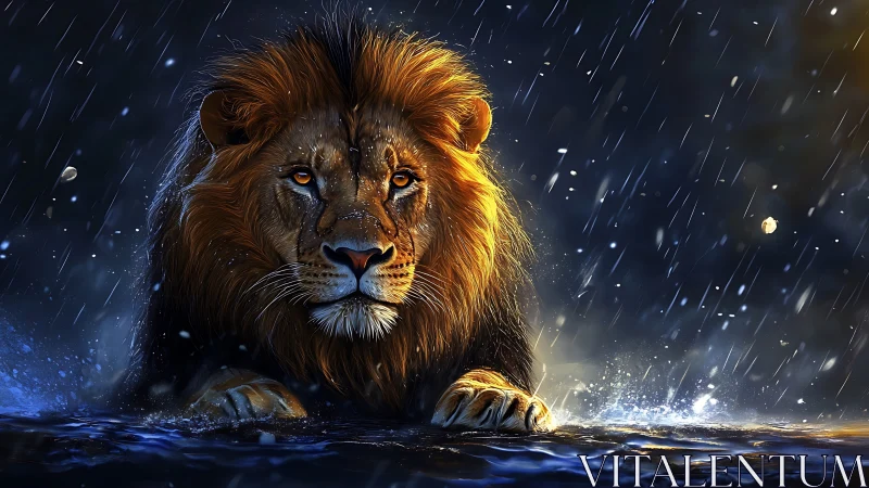 Powerful lion crouching in rainstorm over dark water.