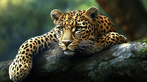 Golden Sentinel: Leopard's Contemplative Repose on Ancient Wood
