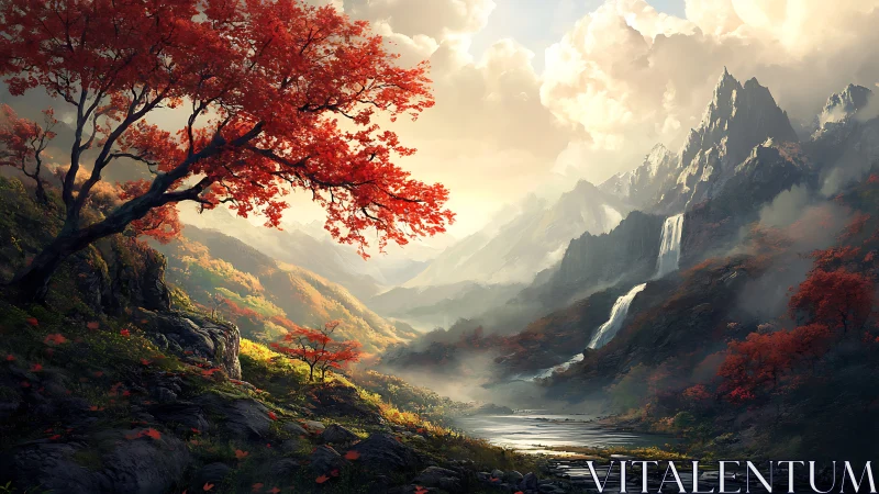 Golden valley sunrise with glowing red autumn trees.