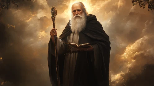 Elder mage holds illuminated tome beneath stormlit clouds.